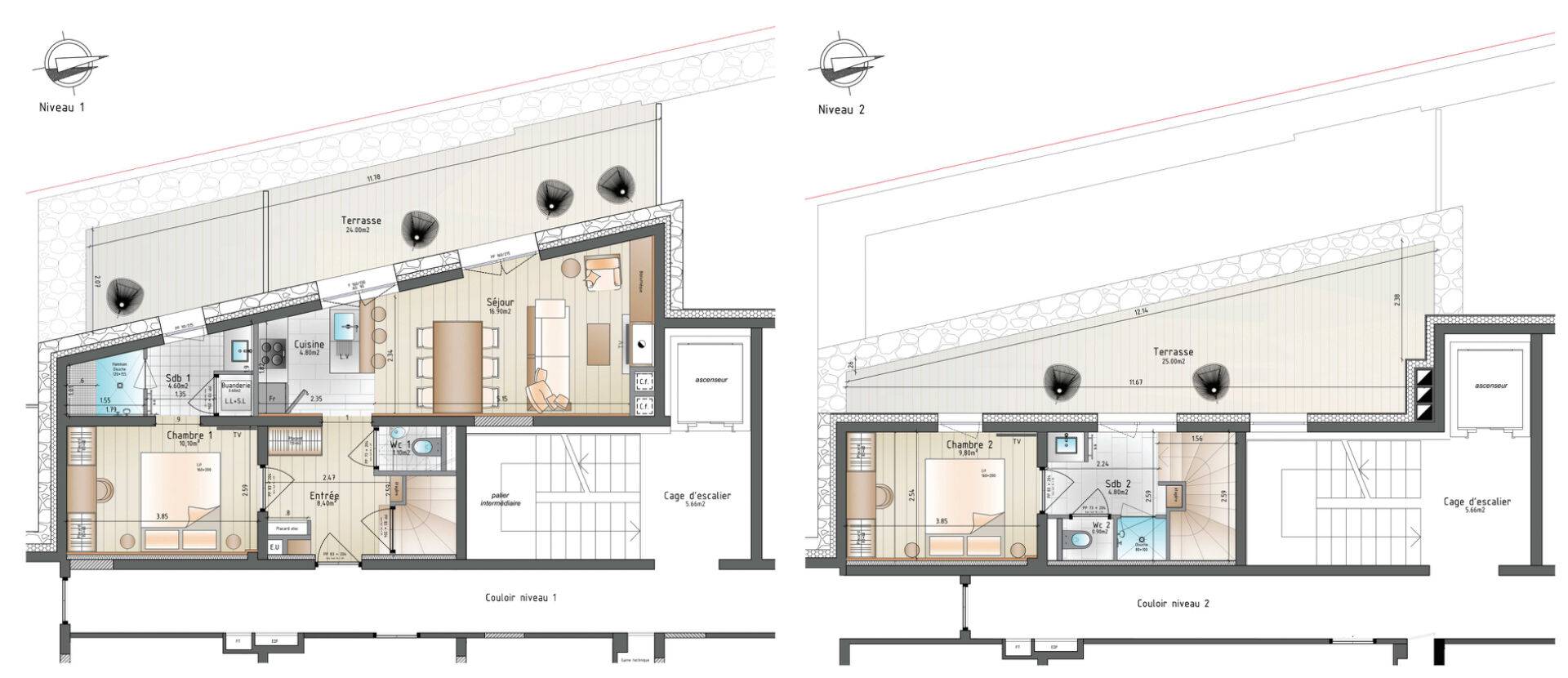 3 pièces duplex avec cheminée et grandes terrasses