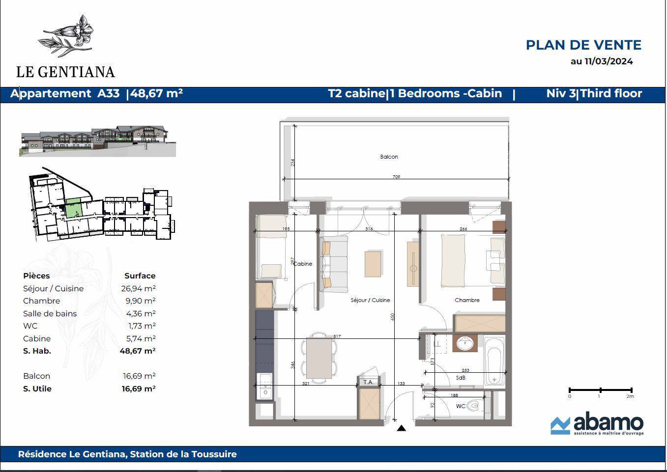 APPARTEMENT T2 Cabine - 48.67m² - 1 CHAMBRE - 1 CABINE + BALCON - Réf G2C - A33