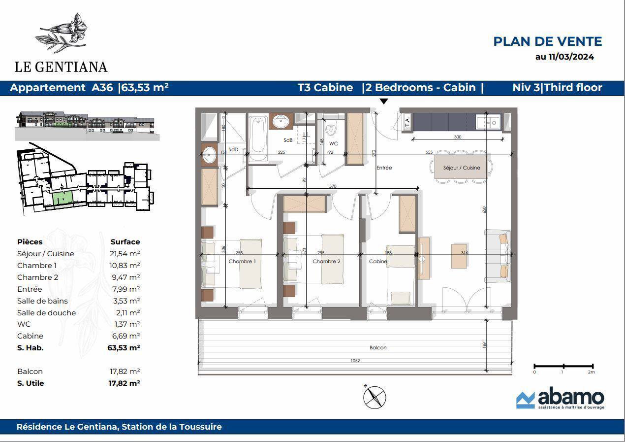 APPARTEMENT 3 PIECES CABINE - 63.53m² - 2 CHAMBRES - 1 CABINE - GRAND BALCON - Réf G3C-A36