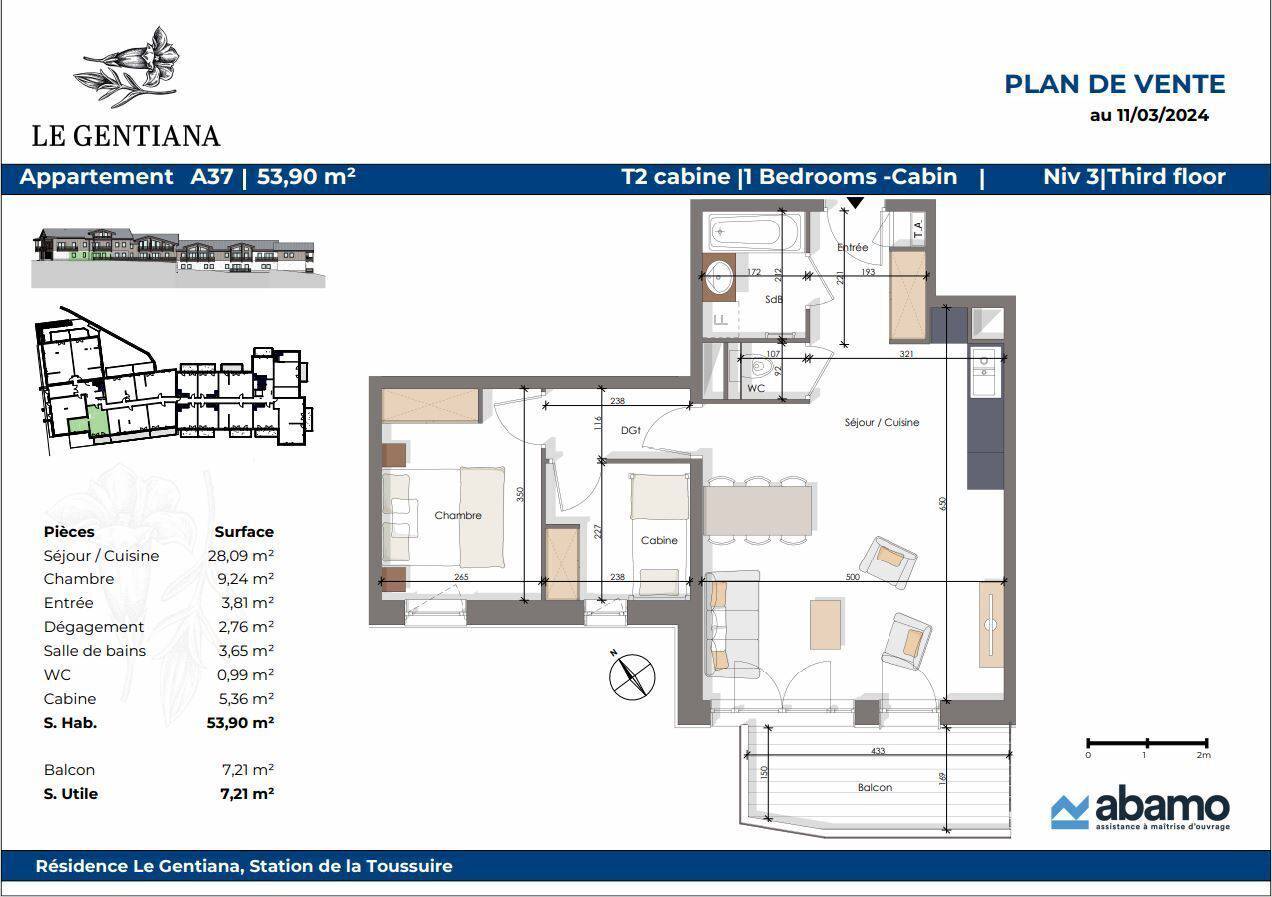 APPARTEMENT T2 Cabine - 53.90m² 1 CHAMBRE - 1 CABINE - BALCON - Réf G2C-A37