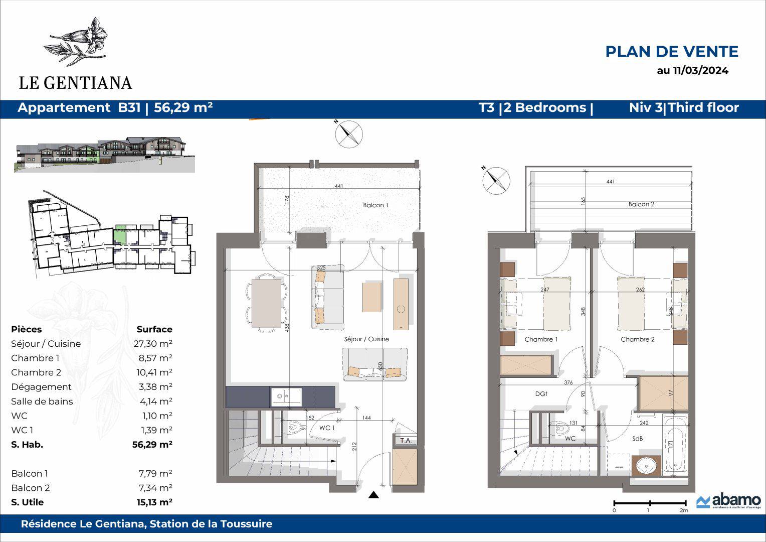 APPARTEMENT T3 en DUPLEX -  56.29m² - 2 CHAMBRES + 2 BALCONS - Réf G3P-B31
