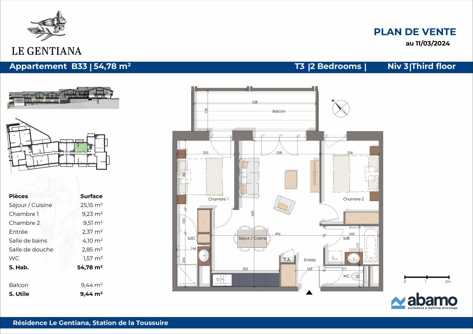APPARTEMENT T3 de 54.78m² - 2 CHAMBRES + BALCON - 54.78m² - Réf G3-B33