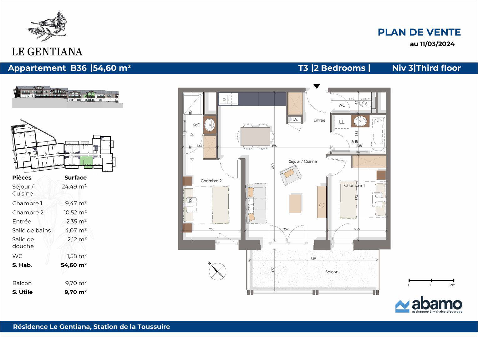 APPARTEMENT T3 - 2 CHAMBRES + BALCON  - 54.60m² - Réf G3-B36