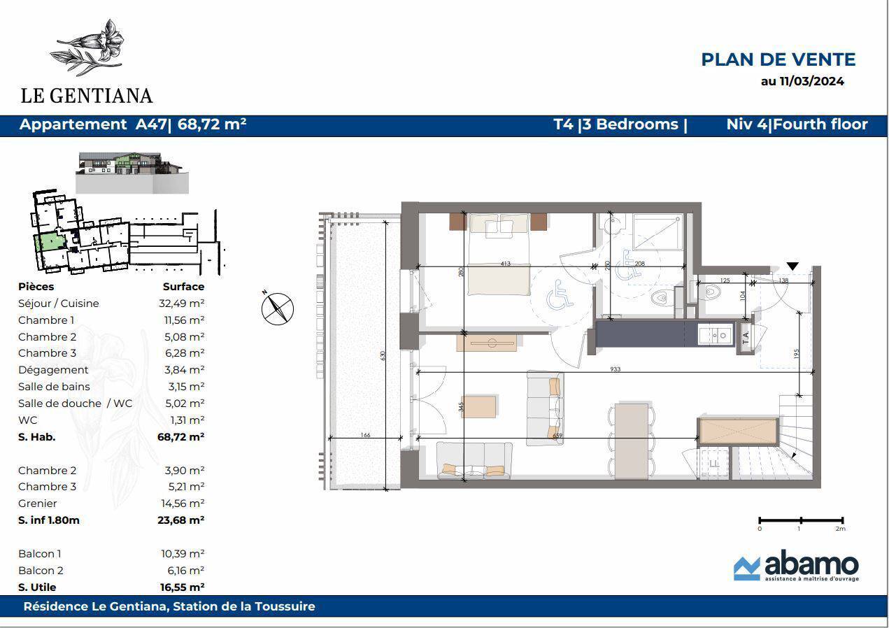 APPARTEMENT PENTHOUSE DUPLEX 4 PIÈCES ADAPTà? PMR - 3 CHAMBRES + 2 BALCONS - 68.72m² -  Réf G4P-A47