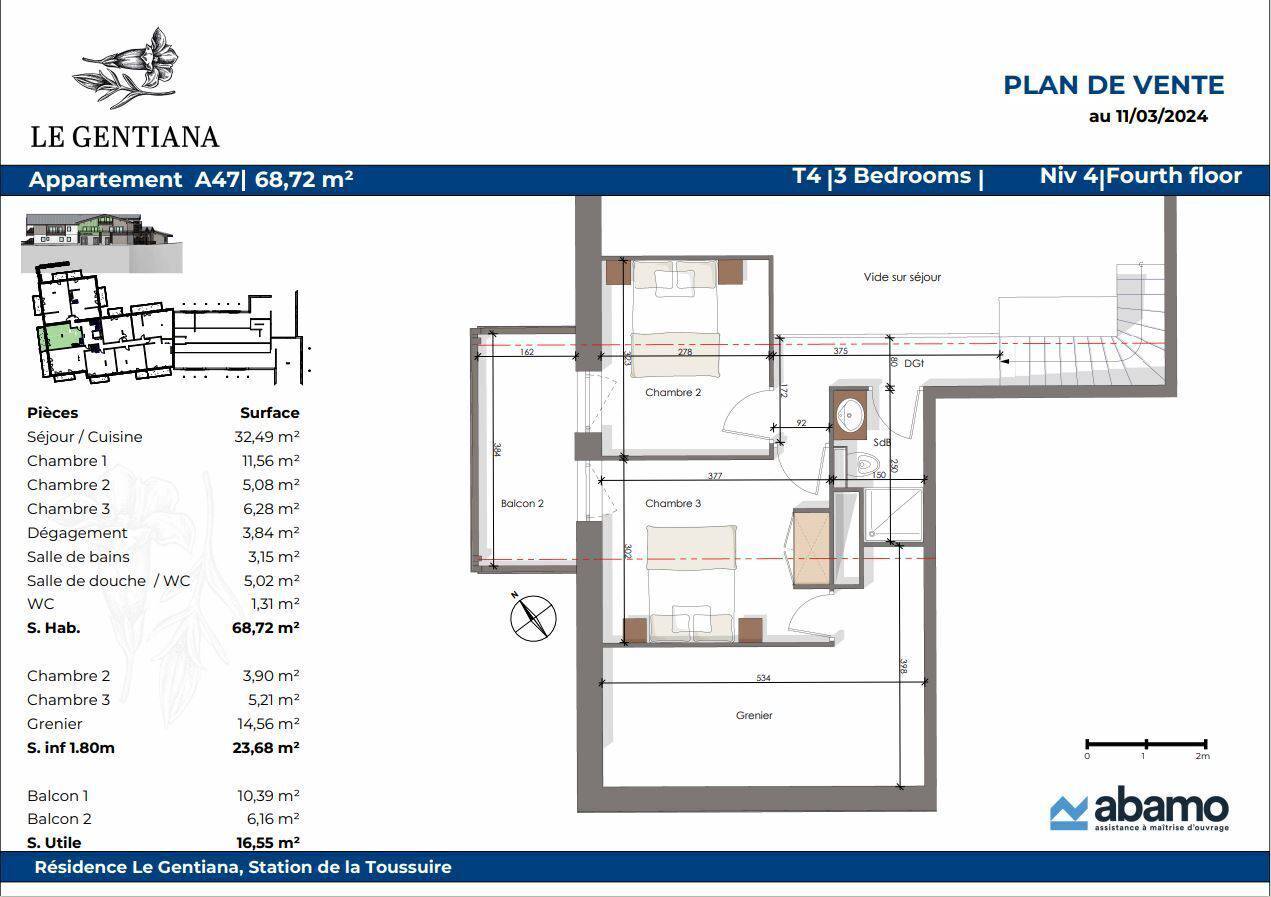 APPARTEMENT PENTHOUSE DUPLEX 4 PIÈCES ADAPTà? PMR - 3 CHAMBRES + 2 BALCONS - 68.72m² -  Réf G4P-A47